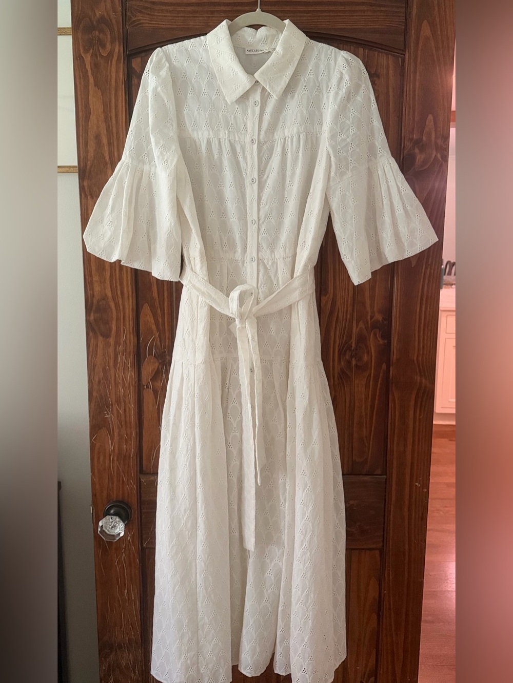 White Eyelet Button-Front Dress with Tie Waist